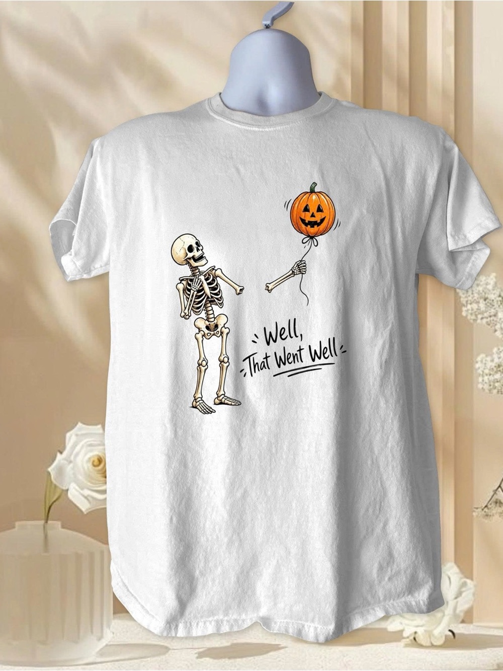 Gildan White Skeleton & Pumpkin Balloon Graphic Tee